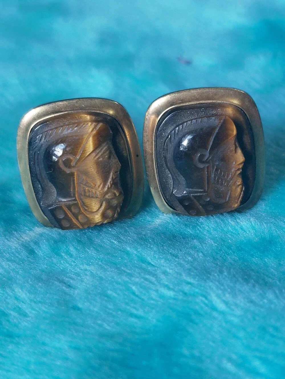 Vintage 3-Pc Mid-Century Tiger Eye Cameo Roman Soldier Cufflinks 12K Gold Filled